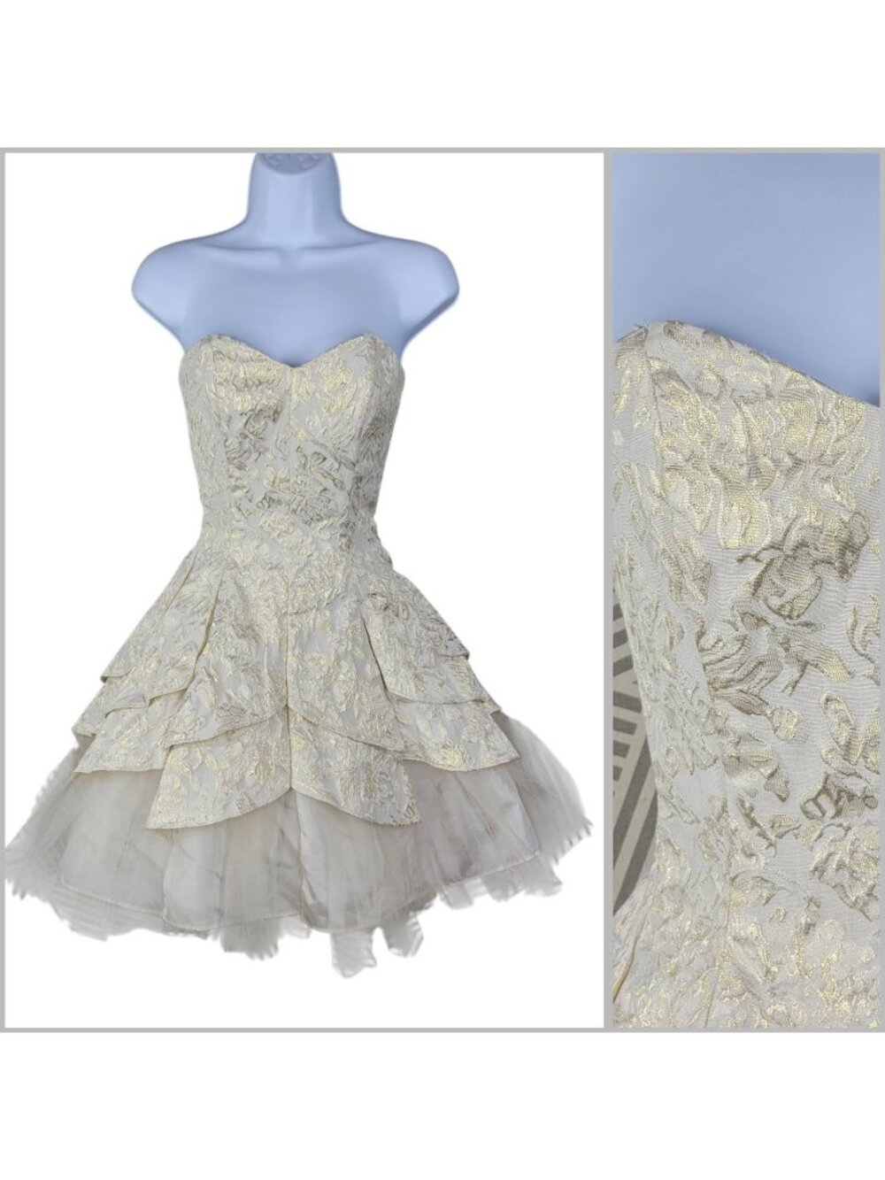 Masquerade Strapless Dress Prom Party 4/6 Ruffle Tulle Vtg Jaquard Gold Ivory
